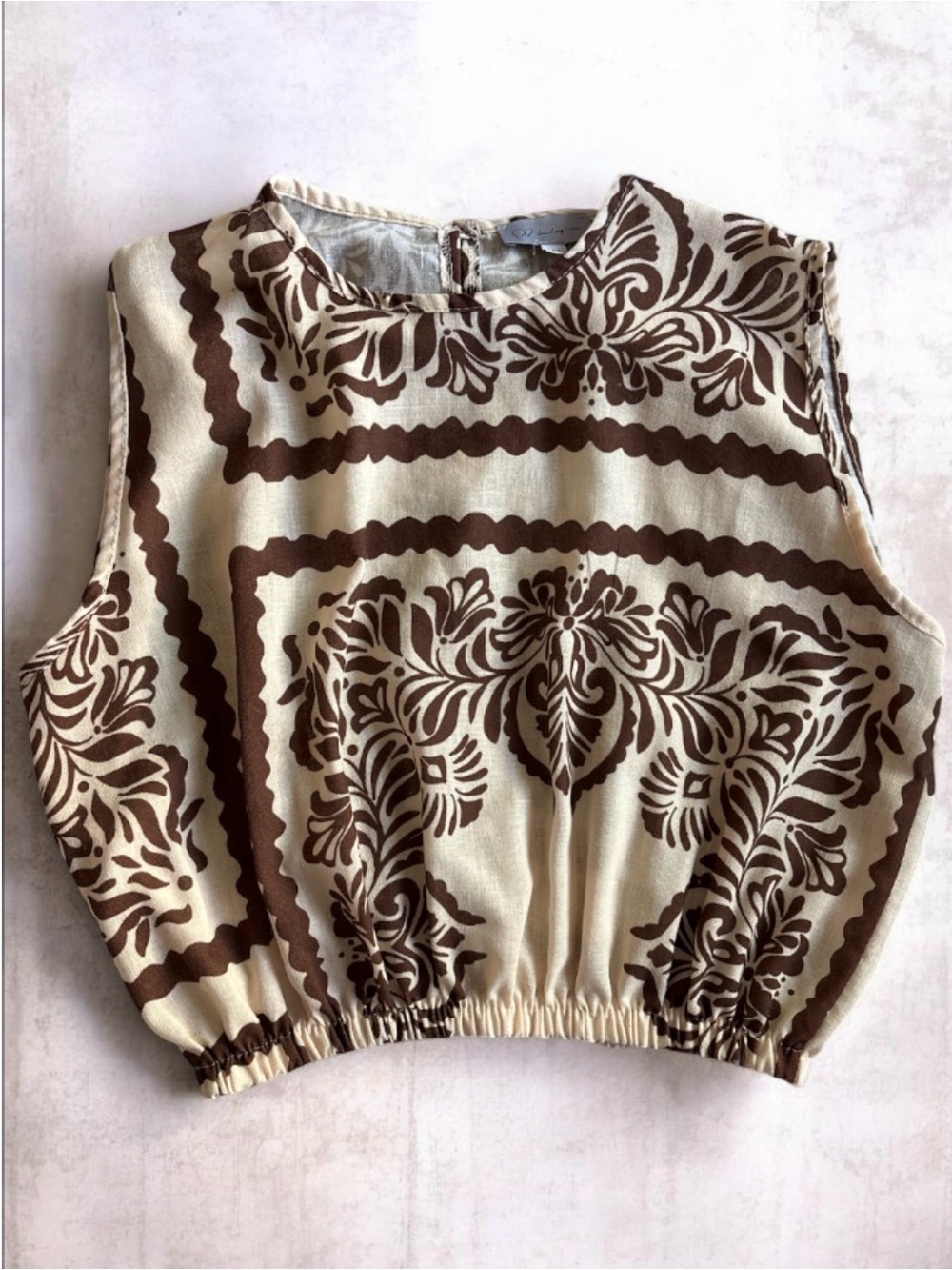 Q2 Exclusive Made in Italy Brown Damask Crop Top M/L Boho Linen Look